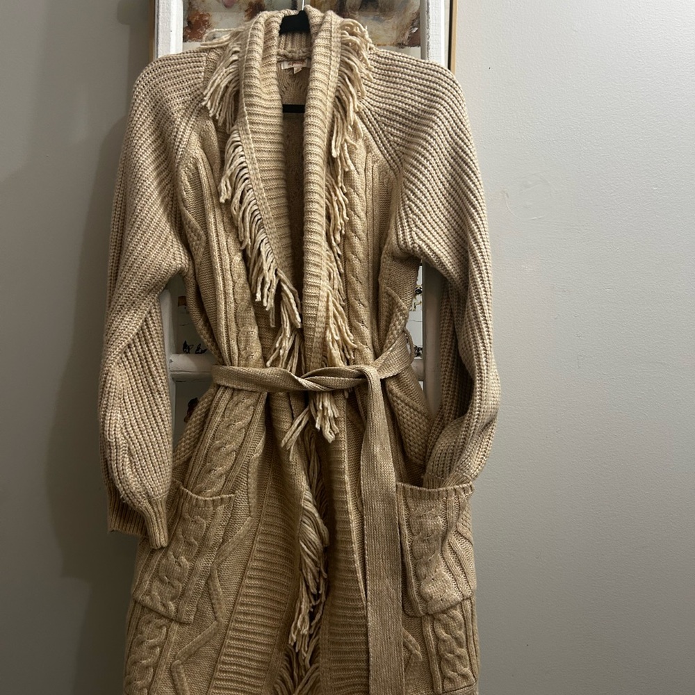 Cozy Tan Knit Cardigan with Fringe